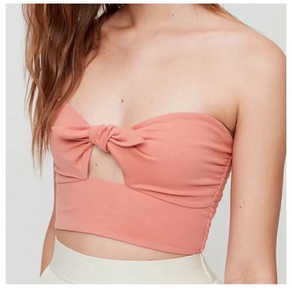 Aritzia Wilfred Women’s Medium Tube Top Peach Strapless Crop Ruched Tie Front